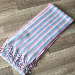 Pastel Striped Knit Fringe Scarf - Pink, Blue & White